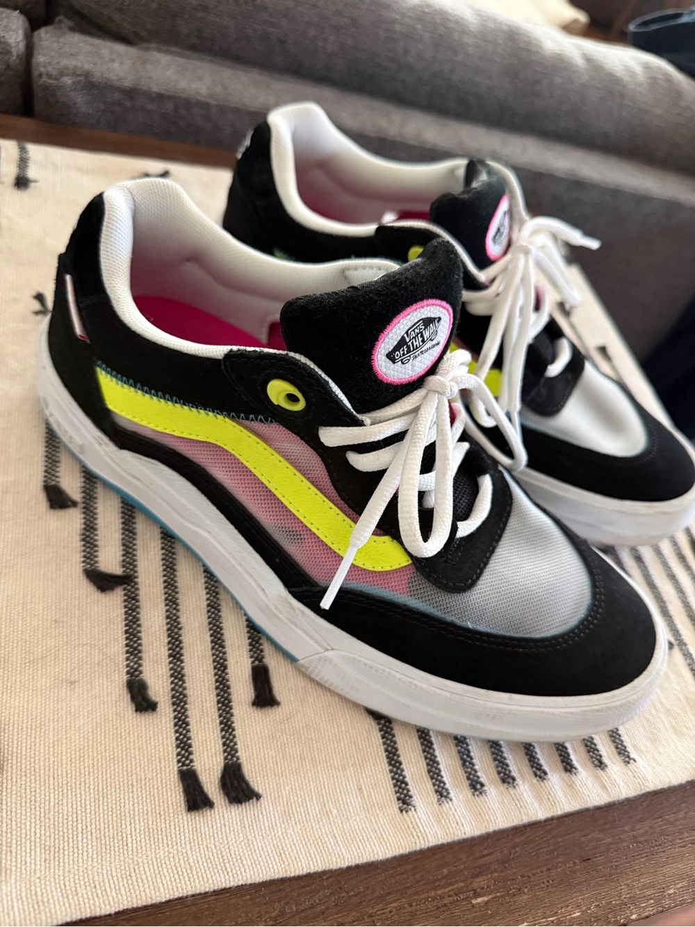 Vans Women’s Black Sneakers with Neon Yellow Stripe and Pink Accents